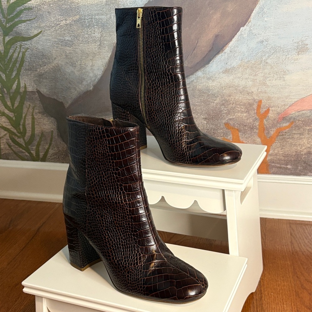J. Crew Dark Brown Crocodile-Embossed Heeled Boots